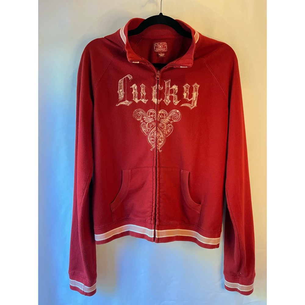 • LUCKY BRAND • RED FULL ZIP SWEATSHIRT with “Lucky” white EMBROIDERY • Size L